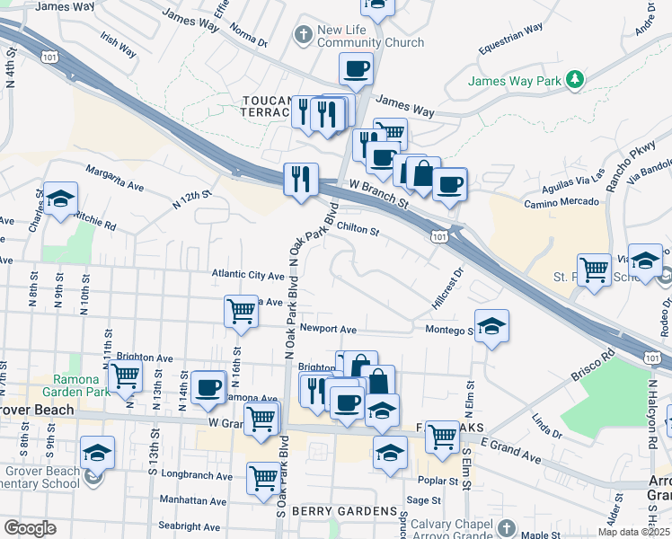 map of restaurants, bars, coffee shops, grocery stores, and more near 1566 Hillcrest Drive in Arroyo Grande