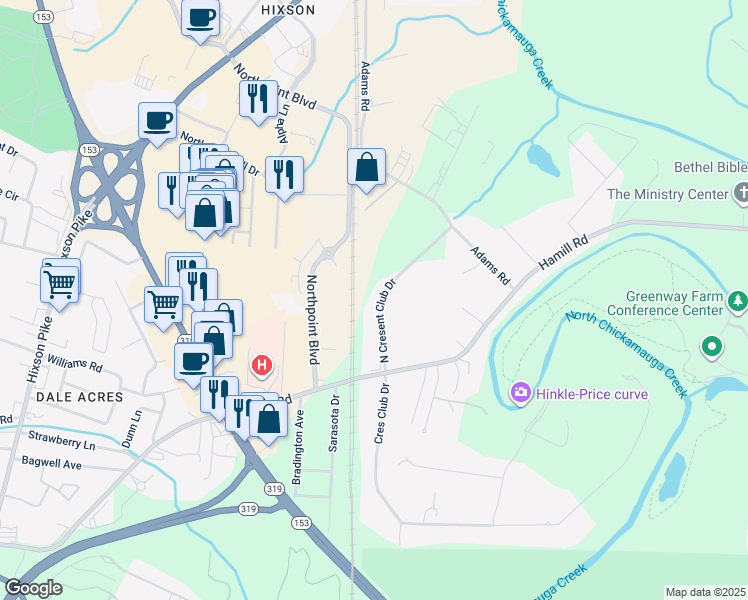 map of restaurants, bars, coffee shops, grocery stores, and more near 2037 Crescent Club Drive in Chattanooga