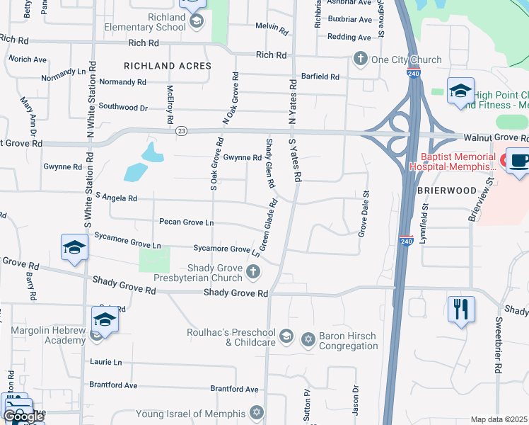 map of restaurants, bars, coffee shops, grocery stores, and more near 173 Green Glade Road in Memphis