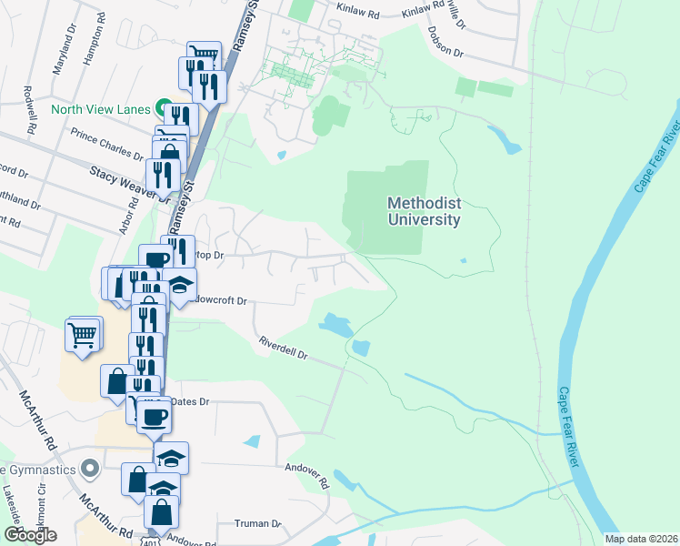 map of restaurants, bars, coffee shops, grocery stores, and more near 338 Tartan Court in Fayetteville
