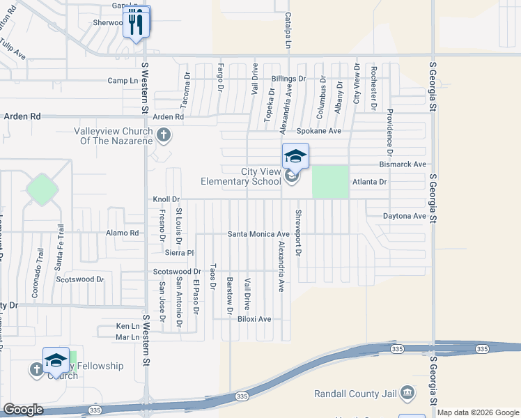map of restaurants, bars, coffee shops, grocery stores, and more near 7907 Vail Drive in Amarillo