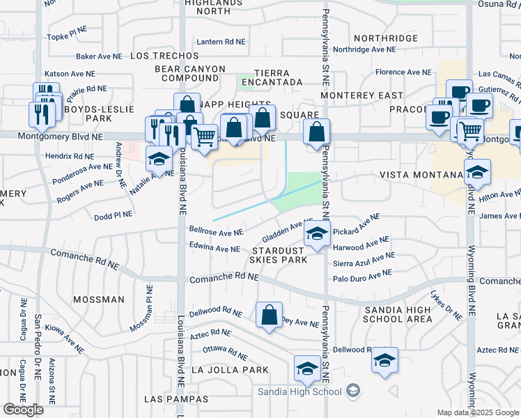 map of restaurants, bars, coffee shops, grocery stores, and more near 7209 Bellrose Court Northeast in Albuquerque