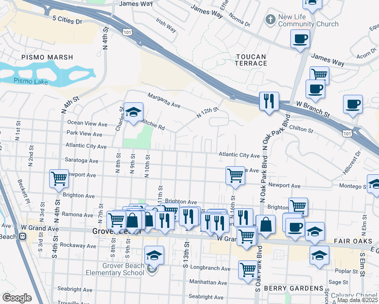 map of restaurants, bars, coffee shops, grocery stores, and more near 1282 Atlantic City Avenue in Grover Beach