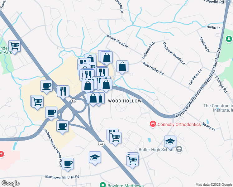map of restaurants, bars, coffee shops, grocery stores, and more near 10625 Parrish Street in Matthews
