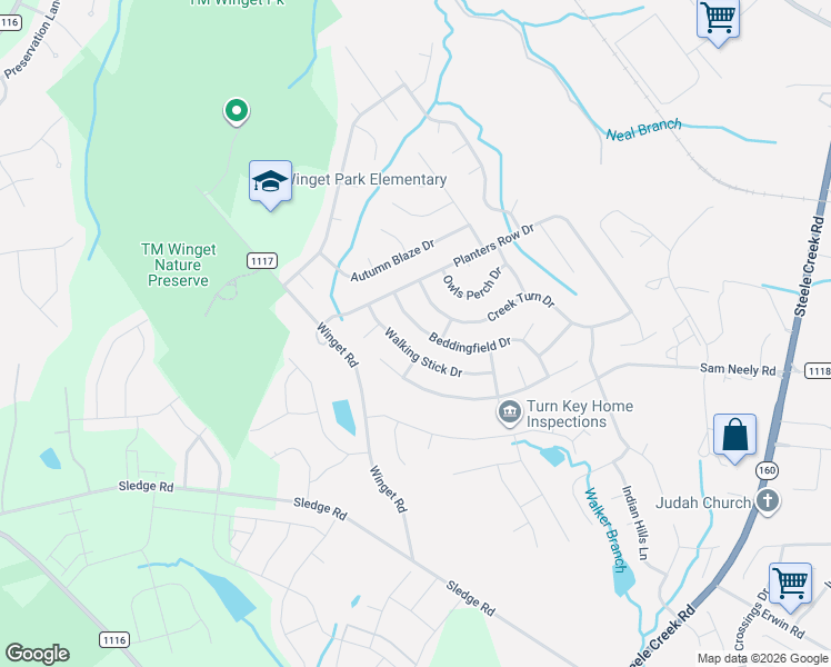 map of restaurants, bars, coffee shops, grocery stores, and more near 12709 Walking Stick Drive in Charlotte