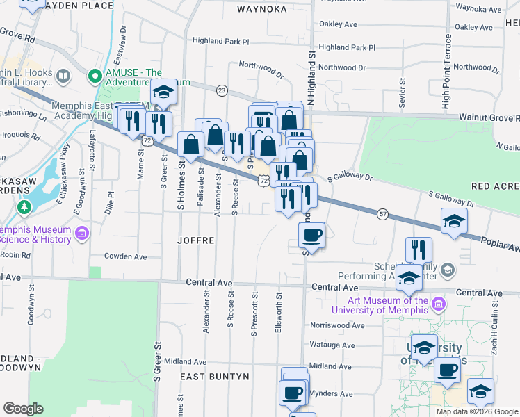 map of restaurants, bars, coffee shops, grocery stores, and more near 3436 Joffre Avenue in Memphis