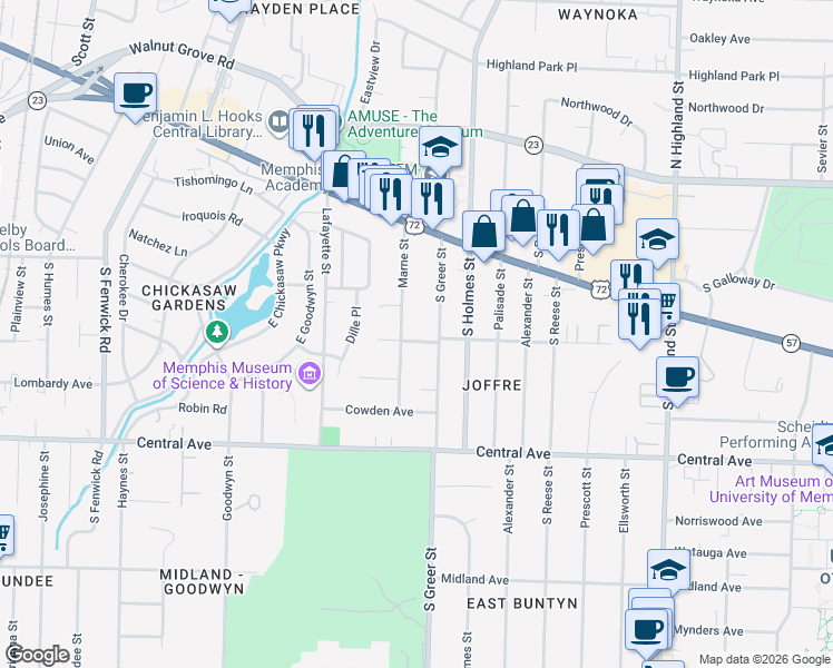 map of restaurants, bars, coffee shops, grocery stores, and more near 3208 Joffre Avenue in Memphis