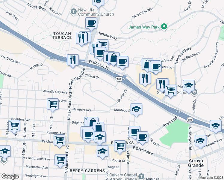map of restaurants, bars, coffee shops, grocery stores, and more near 227 Robles Road in Arroyo Grande