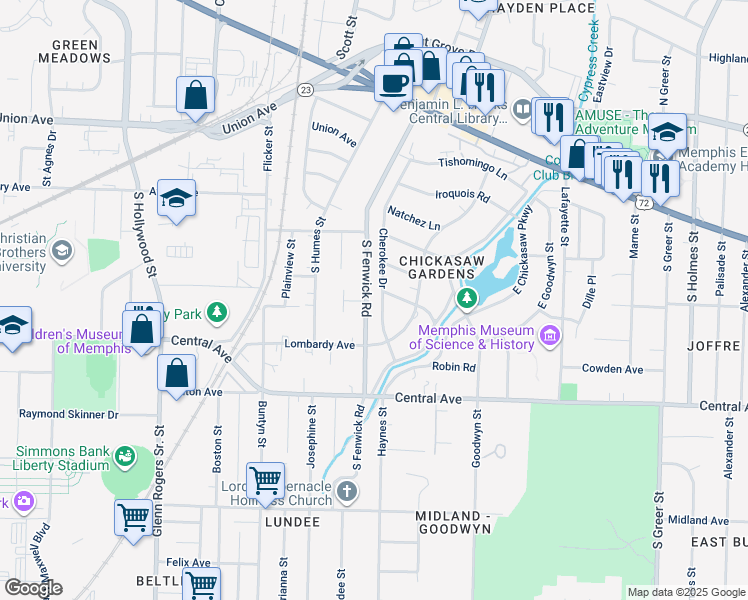 map of restaurants, bars, coffee shops, grocery stores, and more near 179 Cherokee Drive in Memphis
