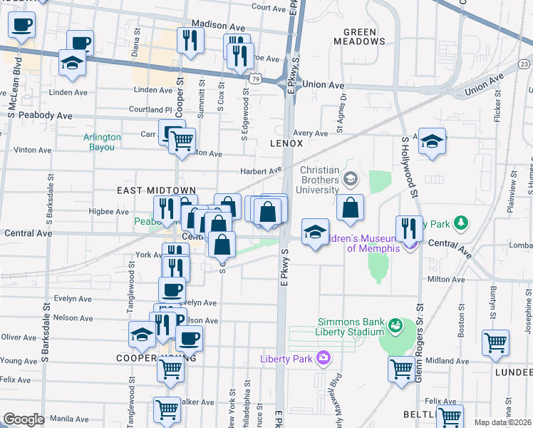 map of restaurants, bars, coffee shops, grocery stores, and more near 682 Landis Street in Memphis
