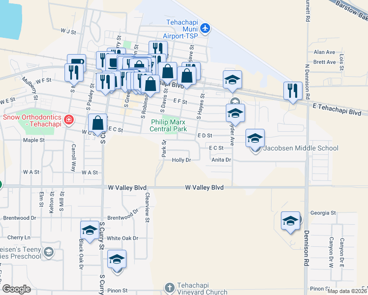 map of restaurants, bars, coffee shops, grocery stores, and more near 413 Apple Way in Tehachapi