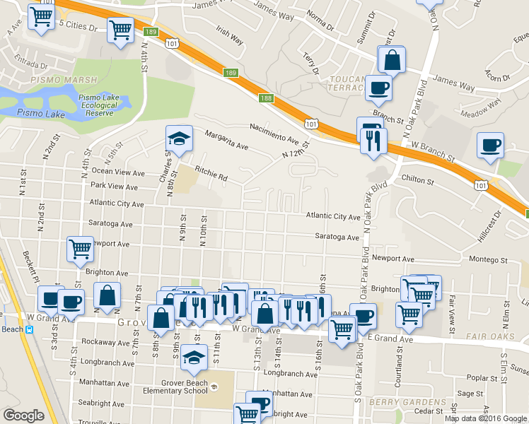 map of restaurants, bars, coffee shops, grocery stores, and more near 1287 Atlantic City Avenue in Grover Beach