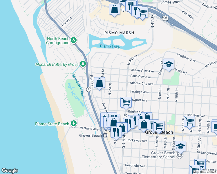 map of restaurants, bars, coffee shops, grocery stores, and more near 500 North 2nd Street in Grover Beach