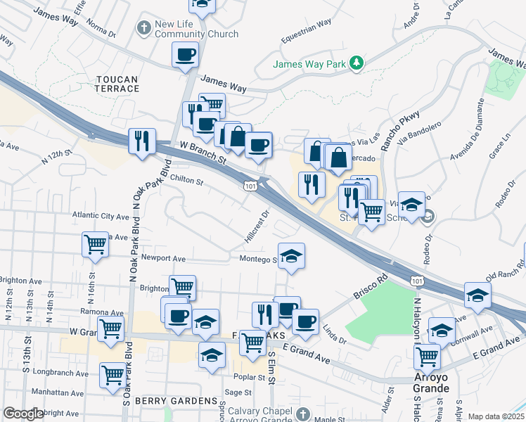 map of restaurants, bars, coffee shops, grocery stores, and more near 277 Hillcrest Drive in Arroyo Grande