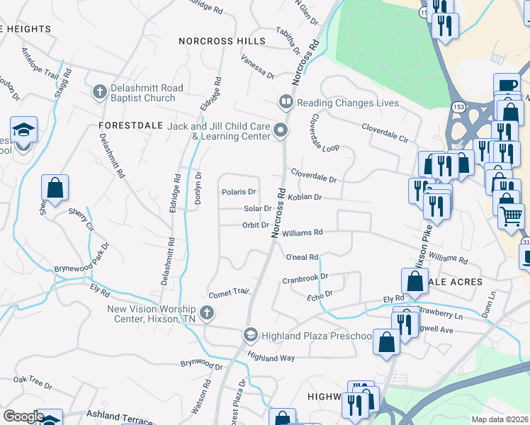 map of restaurants, bars, coffee shops, grocery stores, and more near 4412 Meteor Trail in Chattanooga