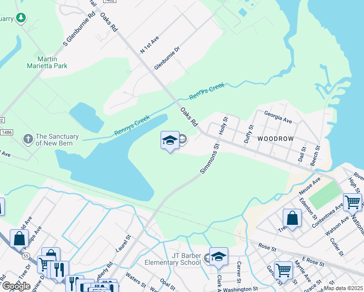 map of restaurants, bars, coffee shops, grocery stores, and more near 2811 Oaks Road in New Bern