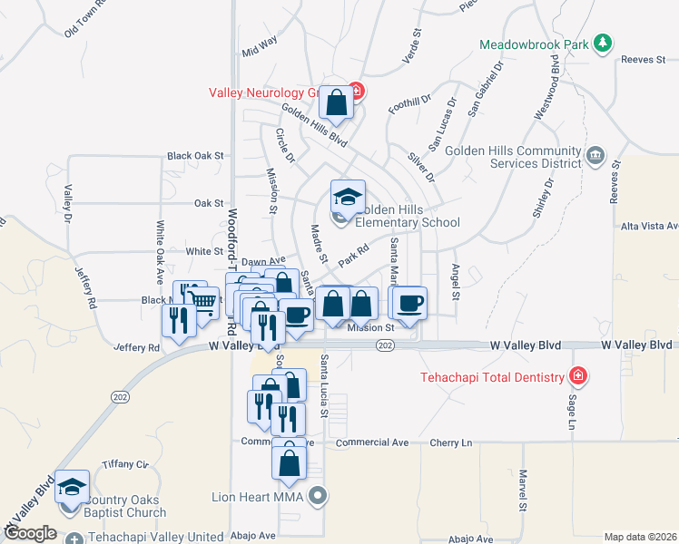 map of restaurants, bars, coffee shops, grocery stores, and more near 21238 Madre Street in Tehachapi