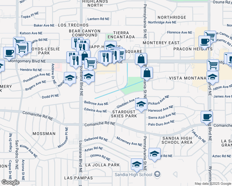 map of restaurants, bars, coffee shops, grocery stores, and more near 7209 Bellrose Court Northeast in Albuquerque