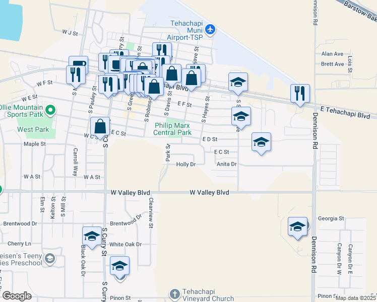 map of restaurants, bars, coffee shops, grocery stores, and more near 413 Apple Way in Tehachapi
