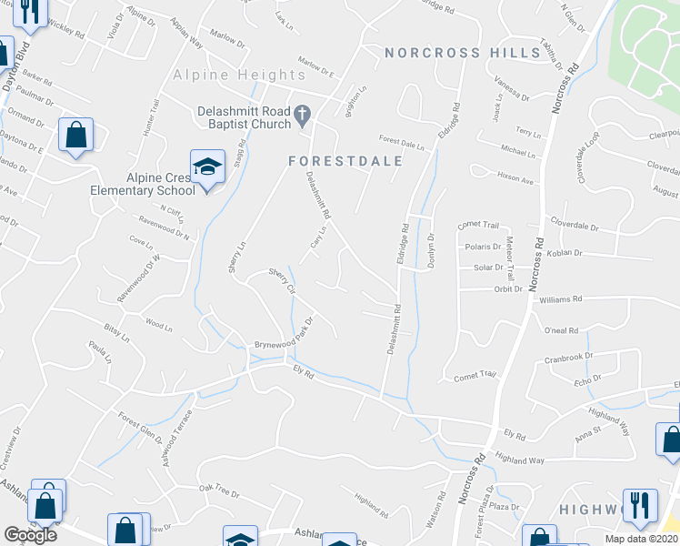 map of restaurants, bars, coffee shops, grocery stores, and more near 4611 Plaza Hills Lane in Chattanooga