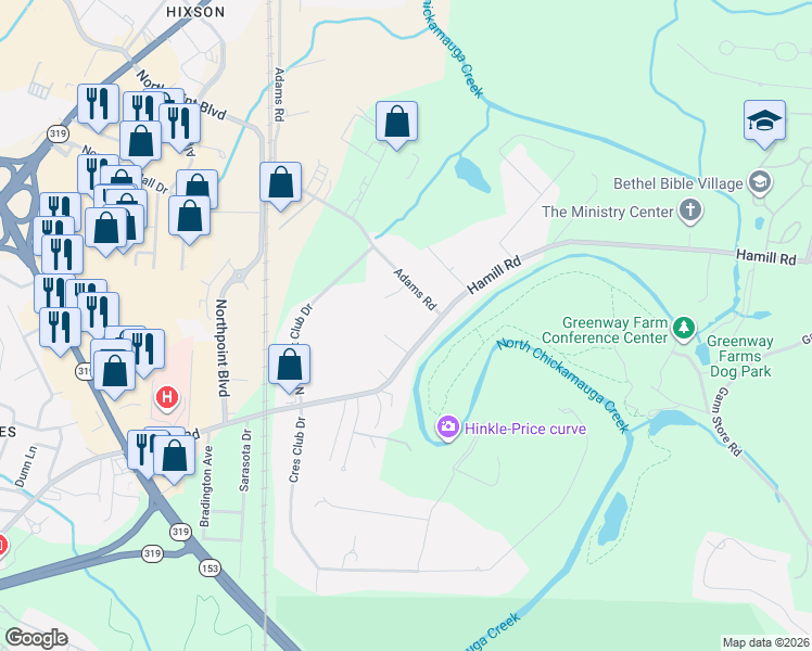 map of restaurants, bars, coffee shops, grocery stores, and more near 2441 Hamill Road in Chattanooga