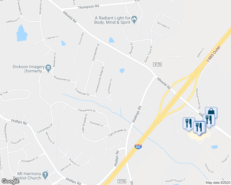 map of restaurants, bars, coffee shops, grocery stores, and more near 14223 Creekside Drive in Matthews