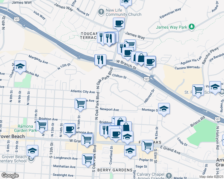 map of restaurants, bars, coffee shops, grocery stores, and more near 1566 Hillcrest Drive in Arroyo Grande
