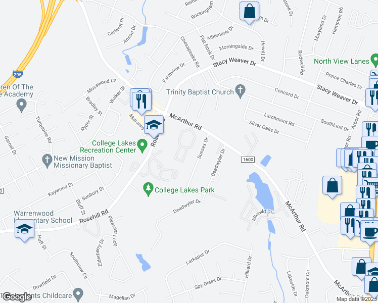 map of restaurants, bars, coffee shops, grocery stores, and more near 2630 McArthur Landing Circle in Fayetteville