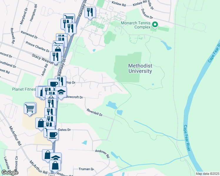 map of restaurants, bars, coffee shops, grocery stores, and more near 338 Tartan Court in Fayetteville