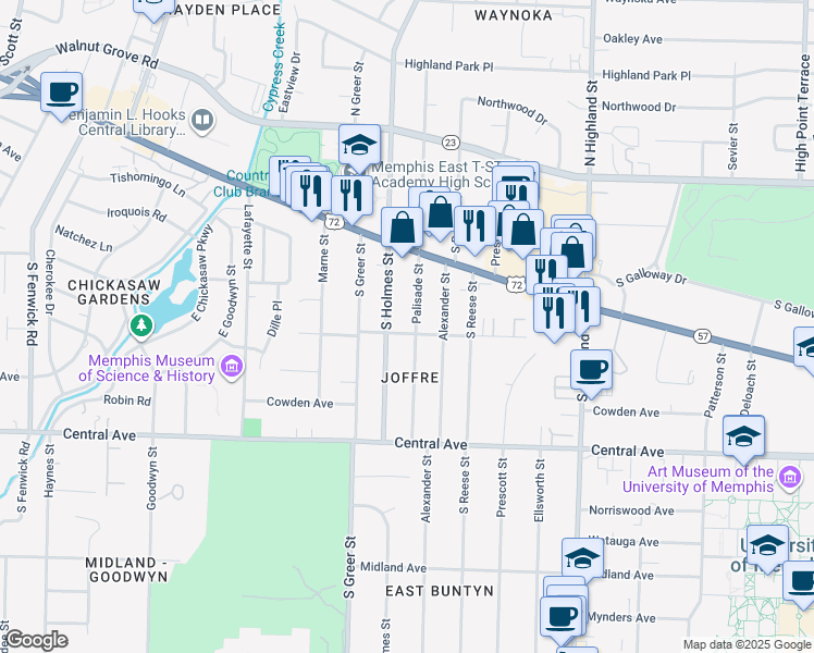 map of restaurants, bars, coffee shops, grocery stores, and more near 171 Palisade Street in Memphis