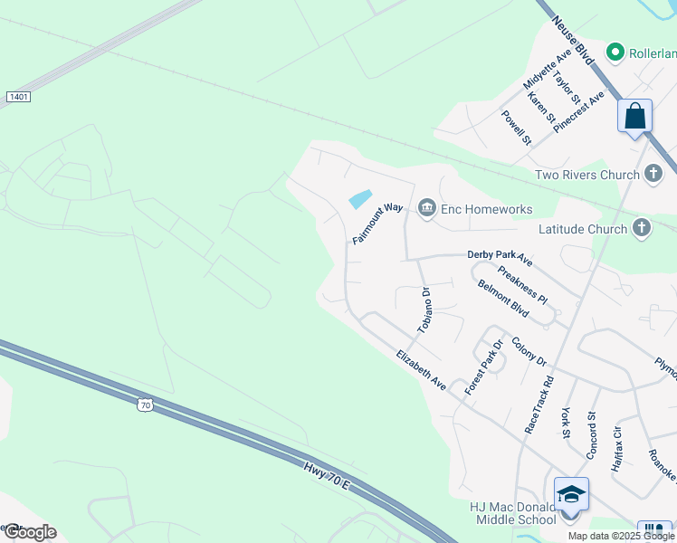 map of restaurants, bars, coffee shops, grocery stores, and more near 4005 Elizabeth Avenue in New Bern