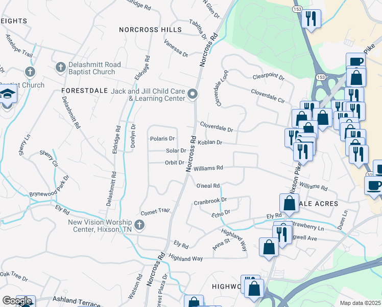 map of restaurants, bars, coffee shops, grocery stores, and more near 4408 Norcross Road in Chattanooga