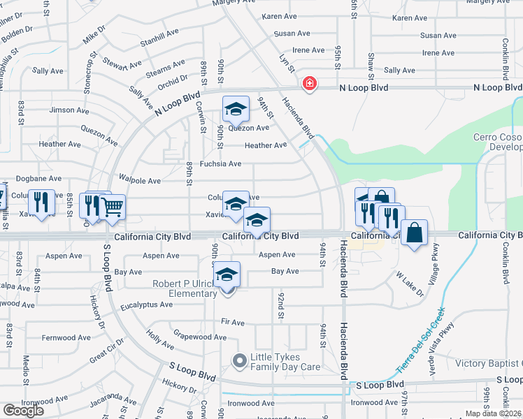 map of restaurants, bars, coffee shops, grocery stores, and more near 9111 Xavier Avenue in California City
