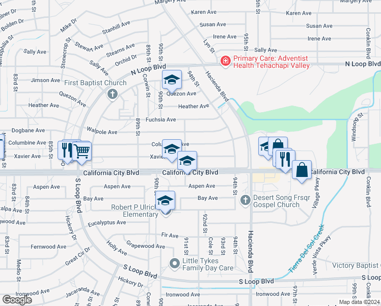 map of restaurants, bars, coffee shops, grocery stores, and more near 9111 Xavier Avenue in California City