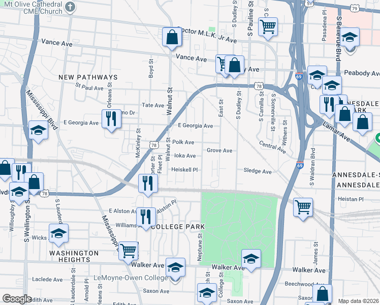 map of restaurants, bars, coffee shops, grocery stores, and more near 854 Ioka Avenue in Memphis
