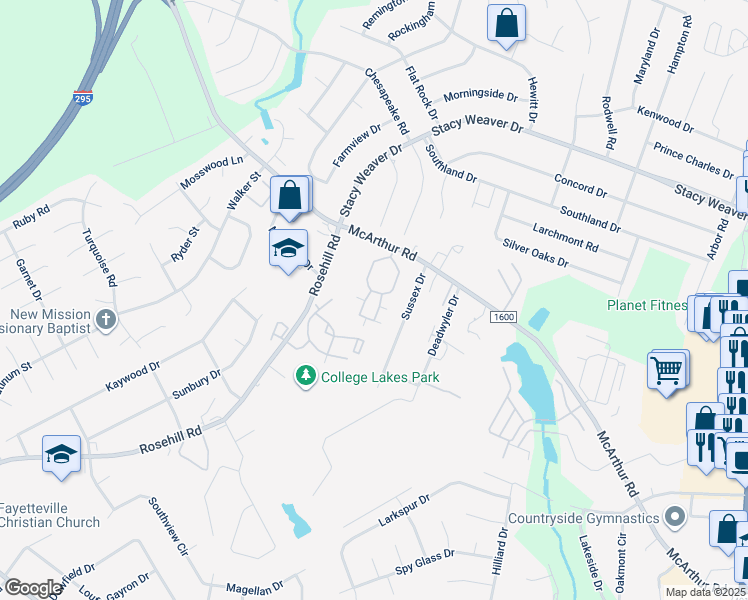 map of restaurants, bars, coffee shops, grocery stores, and more near 2545 McArthur Landing Circle in Fayetteville