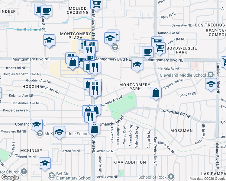 map of restaurants, bars, coffee shops, grocery stores, and more near 3900 Ortiz Court Northeast in Albuquerque