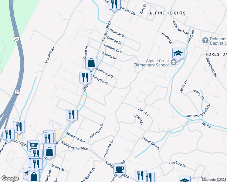 map of restaurants, bars, coffee shops, grocery stores, and more near 308 Valley View Avenue in Chattanooga
