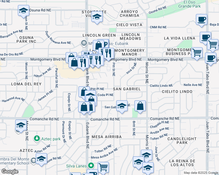 map of restaurants, bars, coffee shops, grocery stores, and more near 9908 Pitt Place Northeast in Albuquerque
