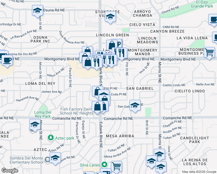map of restaurants, bars, coffee shops, grocery stores, and more near 9800 Pitt Place Northeast in Albuquerque