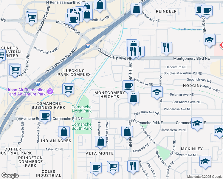 map of restaurants, bars, coffee shops, grocery stores, and more near 3413 Delamar Avenue Northeast in Albuquerque