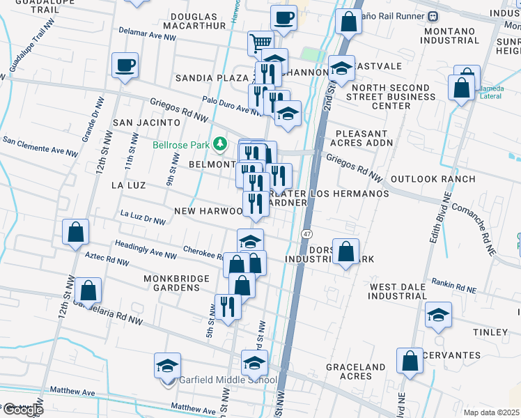 map of restaurants, bars, coffee shops, grocery stores, and more near 343 San Clemente Avenue Northwest in Albuquerque