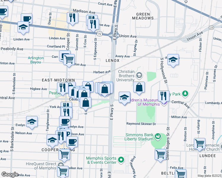 map of restaurants, bars, coffee shops, grocery stores, and more near 650 East Parkway South in Memphis