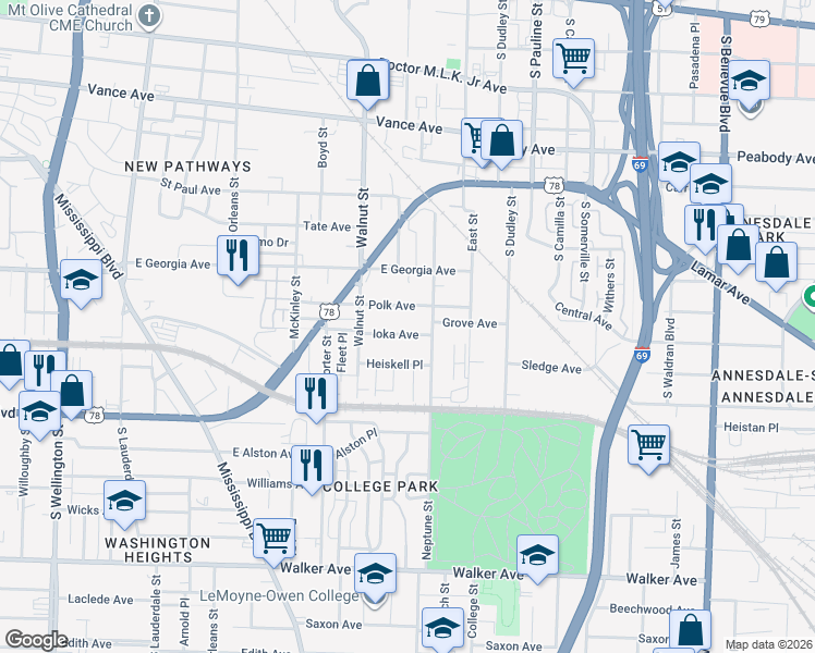 map of restaurants, bars, coffee shops, grocery stores, and more near 854 Ioka Avenue in Memphis