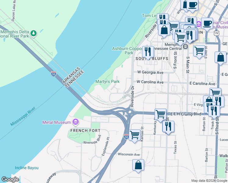map of restaurants, bars, coffee shops, grocery stores, and more near 135 Expedition Place in Memphis