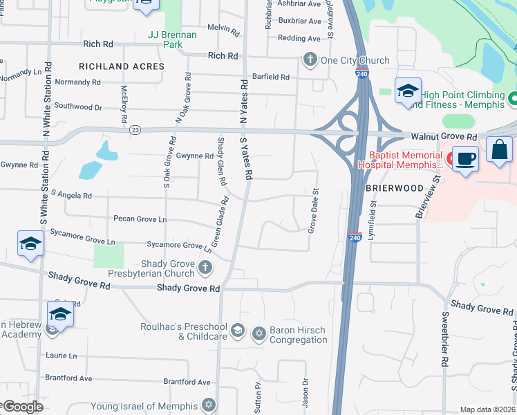 map of restaurants, bars, coffee shops, grocery stores, and more near 5639 Shady Glen Road in Memphis