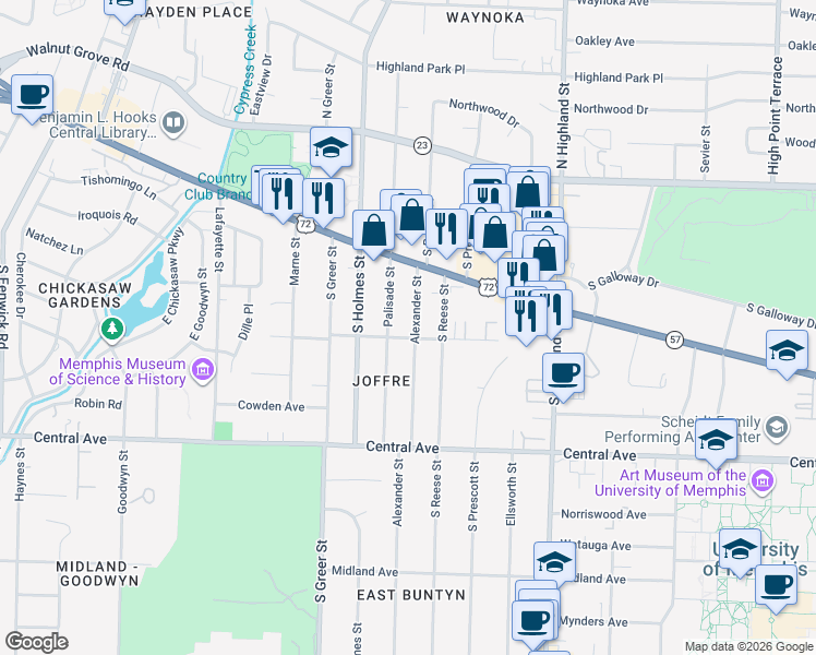 map of restaurants, bars, coffee shops, grocery stores, and more near 176 Alexander Street in Memphis