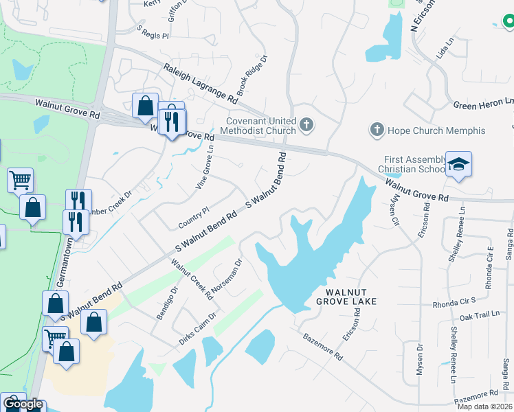 map of restaurants, bars, coffee shops, grocery stores, and more near 90 North Walnut Bend Road in Memphis