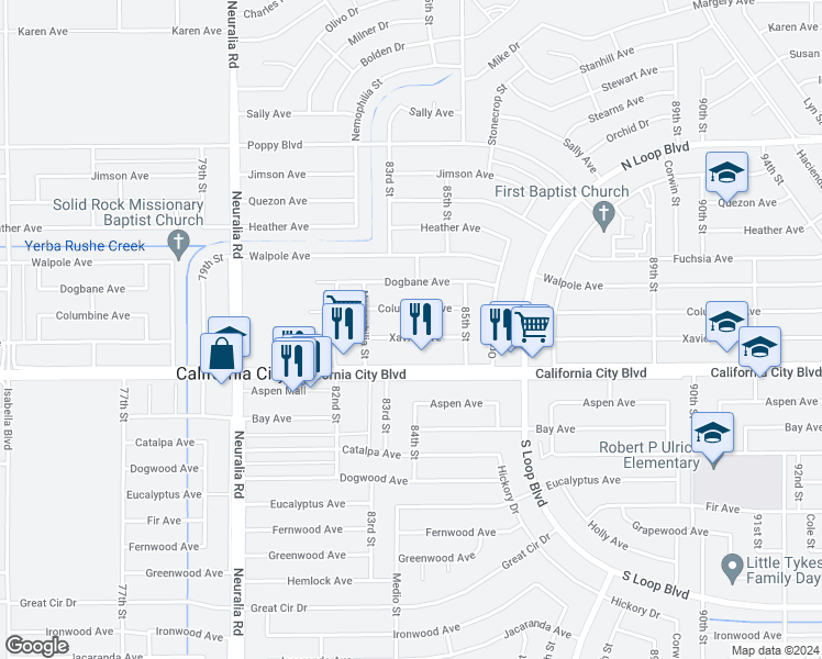 map of restaurants, bars, coffee shops, grocery stores, and more near 8355 Xavier Avenue in California City