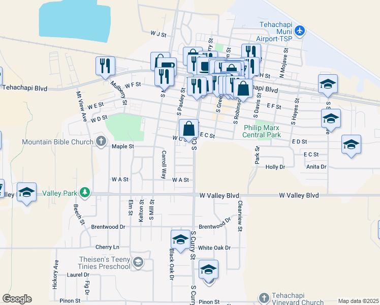 map of restaurants, bars, coffee shops, grocery stores, and more near 203 West B Street in Tehachapi